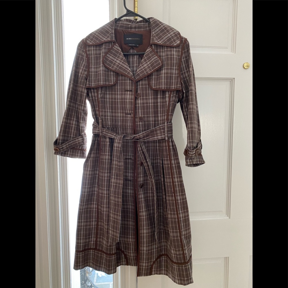 BCBGMaxAzria Audrey Brown Plaid Trench Coat